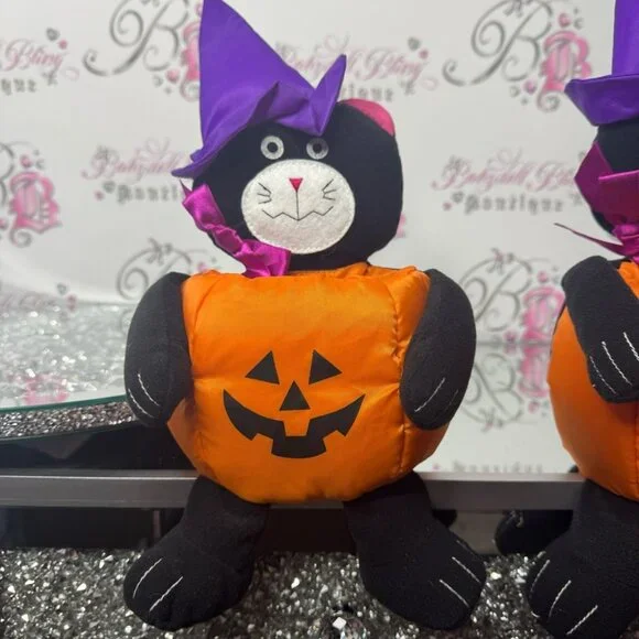 AVON Plush Halloween Black Cat Witch Wizard Pumpkin Candy Bucket Party vintage